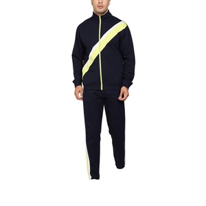 Conjunto Deportivo Azul Marino para Hombre con Franja Amarilla Neón, Chaqueta con Cierre Completo y Pantalones, Estilo Deportivo, Corte Regular, Transpirable, Poliéster, Ropa de Otoño - Product Image 1