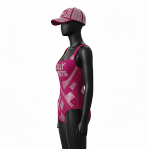 Maillot de bain femme premium en poly-spandex, tissu extensible doux, panneaux géométriques, logo thermocollé en strass. - Product Image 3