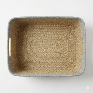 Eco Friendly Handwoven Water Hyacinth <b>Storage</b> <b>Baskets</b> with Gray Cotton Rim Rectangular Seagrass Organizer Bins for Home Decor - Product Image 4