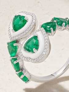 Luxury 18K Gold <b>Emerald</b> Diamond Enamel Halo Ring with Round Brilliant Cut for Women Party Occasions - Product Image 4