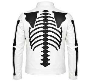 Men’s <b>White</b> Leather Skeleton <b>Biker</b> <b>Jacket</b> with Black Rib Cage & Spine Design 100% Cowhide - Product Image 2