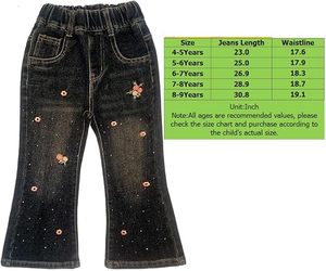 Girls Floral Embroidered Denim Flare Pants Mid <b>Waist</b> Casual Spring Cotton <b>Jeans</b> Full Length Regular Fit - Product Image 6