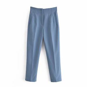 Pantalon crayon taille haute uni pour femme, formel, longueur cheville, en tissu peigné, avec poches et fermeture éclair, style automne - Product Image 1