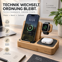 Organisateur de bureau moderne en bambou modulaire 3-en-1, compatible avec la recharge de téléphone, montre et écouteurs, écologique, avec chargeur remplaçable