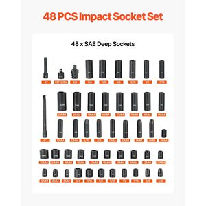 Set di chiavi a bussola a impatto da 48 pezzi, attacco da 3/8 pollici, bussole esagonali SAE e metriche da 5/16 pollici a 3/4 pollici e da 8 pollici a 22 pollici, identificazione facilitata - Product Image 3