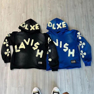 Vente en gros de sweats à capuche pour hommes en molleton épais vintage, style hip-hop, avec strass, effet vieilli, unis, personnalisables, délavés à la pierre et découpés au laser - Product Image 5