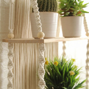 Handmade White Cotton Rope Macramé Wall Hanging 2-Tier <b>Shelf</b> Planter with <b>Pine</b> Wood Decorative Hanging <b>Shelf</b> for Home Décor - Product Image 2