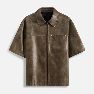 Men's PU Leather <b>Jacket</b> <b>Short</b> <b>Sleeved</b> Leather Zipper Men'S Casual <b>Short</b> <b>Sleeved</b> Leather <b>Jacket</b> Retro American Loose Black Shirt - Product Image 4