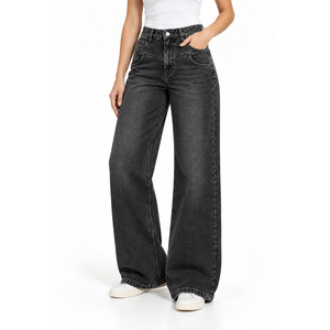 Jeans de mezclilla de mujer de cintura alta y pierna ancha - Diseño frontal curvo, lavado negro, ajuste elástico - Product Image 3