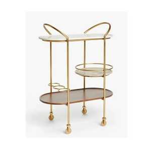 Chariot de service à deux niveaux avec cadre en métal doré, étagères en bois, poignées latérales, chariot mobile, rangement de bar moderne et minimaliste - Product Image 5