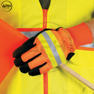 Gants de haute visibilité en cuir noir et orange avec bande réfléchissante, tricotés, à poignet intégré, à doigts complets, personnalisables – Meilleur fournisseur - Product Image 5