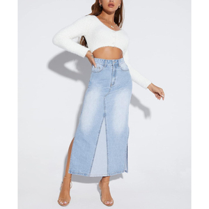 Falda Larga Vaquera Vintage de Cintura Alta con Parches para Mujer, Falda Larga de Mezclilla con Abertura Lateral Hecha con Materiales de Bambú - Product Image 1