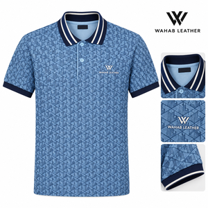 Camisa Casual Europea de Manga Corta para Hombre WAHAB LEATHER, Azul Sólido, de Algodón/Fibra de Bambú Transpirable de 180g, con Logotipo Frontal y Cuello en Contraste - Product Image 5