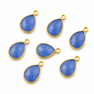 <b>Blue</b> Chalcedony Faceted Pear Drop Gemstone Charm Gold Bezel Pendant Single Bail Connector for Necklace <b>Bracelet</b> Jewelry Making - Product Image 1