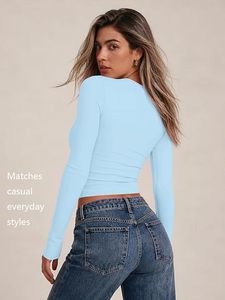 Top Corto de Manga Larga con Cuello Redondo Azul Claro para Mujer, Ajustado, de Punto, Spandex y Algodón, Informal, Color Sólido, Transpirable, para Todas las Temporadas - Product Image 6