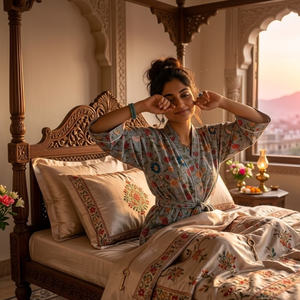 Bata Kimono de Algodón Gris con Estampado Floral para Mujer, Manga Larga, Cuello en V, Ropa de Estar por Casa, Bata de Baño Larga con Cinturón - Product Image 3