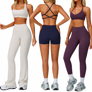 Conjunto Deportivo de Dos Piezas de Encaje al por Mayor, Manga Larga, para Yoga, con Tirantes Cruzados Delanteros, Estampado Sólido, Transpirable - Product Image 1