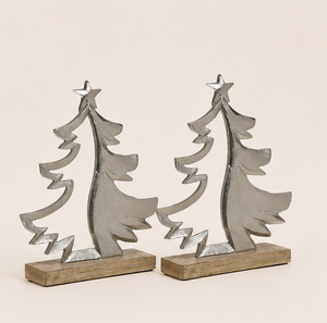 Handmade Metal Christmas <b>Tree</b> Sculpture With Natural Wooden Base Elegant Silver Aluminum <b>Tabletop</b> Decoration For Home Decor - Product Image 1