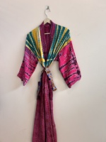 Robe kimono pour femme en soie crêpe recyclée, style vintage, longue, en soie de sari