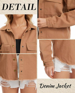 แจ็คเก็ตยีนส์ผู้หญิงคุณภาพสูง แขนยาว สไตล์คลาสสิค แต่งขาดแบบ Distressed ทรง Trucker ผ้าฝ้ายระบายอากาศดี ราคาประหยัด - Product Image 4