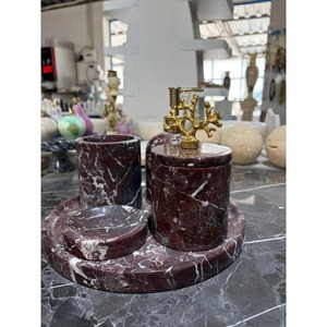 Luxury Marble Bathroom Set Four-Piece Round Soap Dish <b>Toothbrush</b> <b>Holder</b> With Gold Accents Easy To Clean - Product Image 2