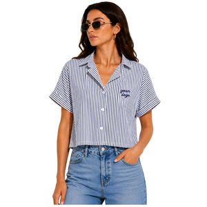 Camisa Corta a Rayas Azul Marino y Blanco Personalizada para Mujer, Blusa Casual de Verano con Botones y Logotipo Bordado Personalizado OEM - Product Image 1