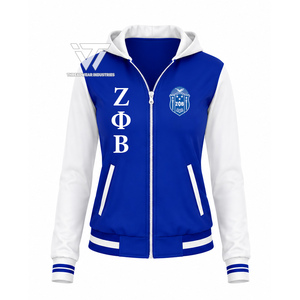 เสื้อแจ็คเก็ตวาร์ซิตี้ปักลายสำหรับผู้หญิง แบรนด์ Zeta Phi Beta Sorority จากกรีซ ขายส่ง เสื้อแจ็คเก็ตบอมเบอร์แบบซิปเต็มตัวสำหรับผู้หญิง สั่งทำได้ - Product Image 1