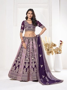 <b>Women</b>’s Purple Georgette Lehenga Choli Set with Heavy Chain Stitch Embroidery, Designer Wedding and Festive <b>Wear</b> with Matching D - Product Image 1