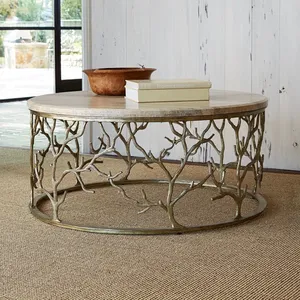 Table basse ronde moderne avec plateau en marbre et base en métal à design de branches pour le mobilier de salon - Product Image 4