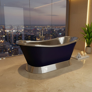 Baignoire autoportante en cuivre faite à la main avec base inclinée, intérieur nickelé, extérieur bleu nuit, design de créateur pour spa, hôtel et bien-être - Product Image 1