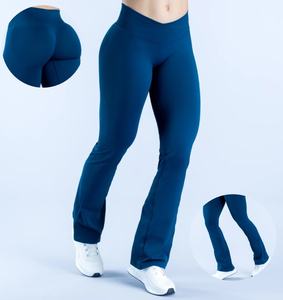 Pantalon évasé sans couture pour femme avec taille côtelée croisée en V, effet froncé invisible, jambes évasées, pantalon large de sport - Product Image 5