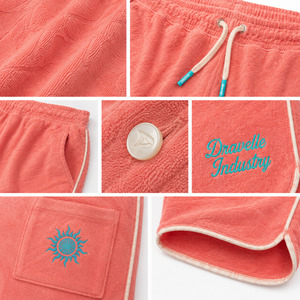 Pantalones Cortos Personalizados Y2K de Tela de Rizo Rosa Coral para Hombre, Estilo Relajado, Ropa Urbana de Verano con Ribete y Bordado en Crema - Product Image 5
