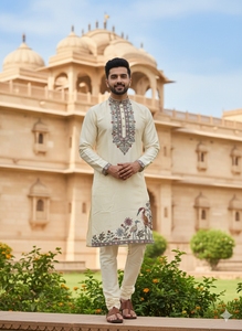 Men's Cream Embroidered Kurta <b>Set</b> With Bird Floral Design Traditional Indian Pakistani Wedding Wear Regular Fit Ankle-Length - Product Image 3