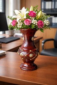<b>Rustic</b> Wooden Flower Vase Brass Decor Handmade Sheeshamwood Tabletop Planter Decorative Home <b>Office</b> Vessel - Product Image 1