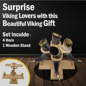 Juego de Cuernos para Beber Hechos a Mano con Cuerno de Búfalo y Soporte de Madera, Estilo Vikingo Rústico, Forma Natural, Artesanía Duradera - Product Image 4