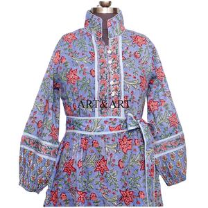 Robe midi décontractée pour femme, imprimée à la main, écologique, respirante, silhouette évasée, en coton - Product Image 6