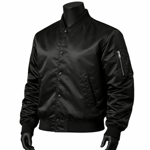 Veste en satin noir 100 % polyester personnalisée en gros, boutonnage à pression, légère, décontractée, streetwear, vêtement d'extérieur tendance - Product Image 1