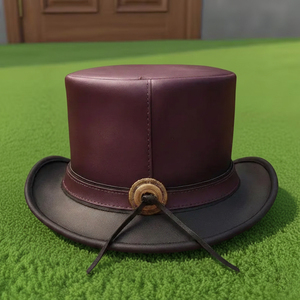Premium quality custom made Handmade Burgundy & Black Leather Top <b>Hat</b> Victorian Steampunk Gothic Cosplay Festival Costume <b>Hat</b> - Product Image 4