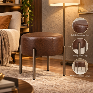 Brown Upholstered Round <b>Stool</b> Padded <b>Seat</b> Metal Legs Modern Accent Seating for Living Room Bedroom and Lounge Indoor | Versatile - Product Image 3