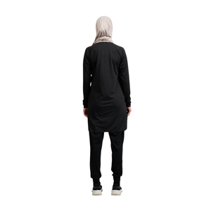 Robe noire modeste à manches longues et col montant pour femme, taille basse, silhouette droite, couleur unie, tissu polyester respirant - Product Image 2