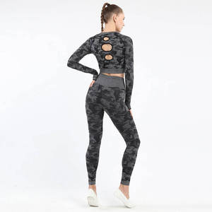 <b>Women's</b> Solid <b>Compression</b> Spandex Yoga Set Crew Neck Crop <b>Top</b> High Waist Leggings Full Length Sleeve Pockets Two-Piece - Product Image 2
