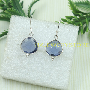 Pendientes Colgantes Hechos a Mano de Plata de Ley 925 con Iolita Natural, Engaste de Bisel Redondo Facetado, Joyería de Gancho Colgante, Regalo para Mujeres y Mamás - Product Image 5