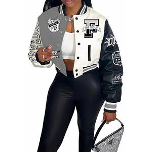 Blouson universitaire gris pour femme, style baseball, color block, imprimé lettres, Y2K, boutons, broderie personnalisée, en velours côtelé et peau de mouton - Product Image 2