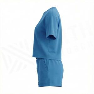 Women's 2 Piece Solid Blue <b>Knitted</b> Casual <b>Set</b> Short Sleeve T Shirt and Above Knee Shorts Regular Fit Spring Summer Wear - Product Image 3