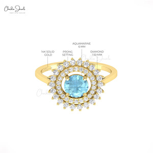 Natural 6mm Round Cut Aquamarine Floral Halo <b>Ring</b> with Diamond <b>Cocktail</b> <b>Ring</b> In 14k Solid <b>Gold</b> Celestial Jewelry for Women - Product Image 6