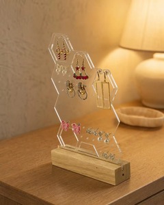 <b>Acrylic</b> Jewelry <b>Display</b> <b>Stand</b> with Wooden Base | Earring Holder for Retail & Home - Product Image 5