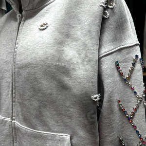 Conjunto de Sudadera Ligera de Algodón 100% con Logotipo Bordado, Estilo Vintage de Invierno, Lavado Desgastado, Streetwear con Pedrería - Product Image 6