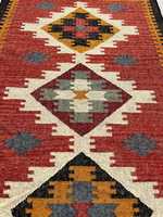 Bohemian Handloom Wool Jute Kilim Long Runner Rug Terracotta and Charcoal Aztec Geometric Carpet for Home and Hotel