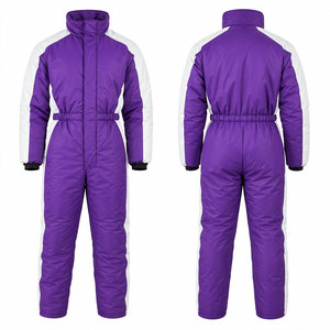 Combinaison de neige pour femme, coupe longue, coupe-vent, sportive, col montant, avec cordon de serrage, color block violet et blanc - Product Image 1
