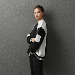 Sudadera de Mujer con Cuello Redondo, Diseño Color Block en Blanco y Negro, Manga Larga, Logotipo Tejido en la Parte Delantera, Ropa Casual de Invierno, Transpirable - Product Image 6